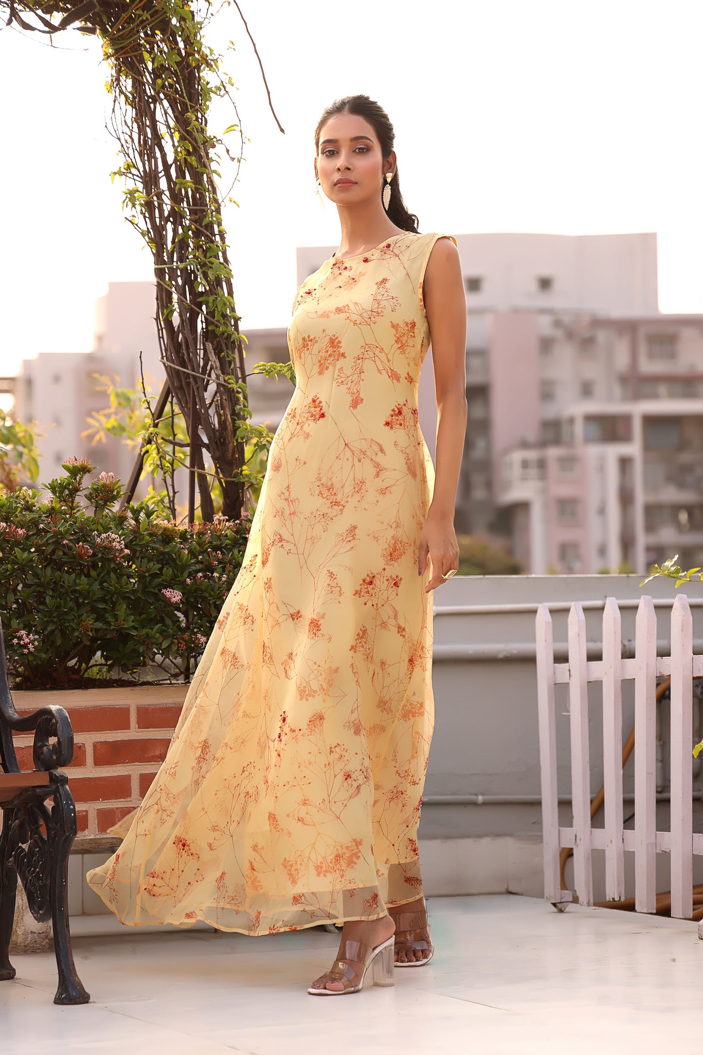 Elegant long dress with printed under dress and embroidered organza upper layer