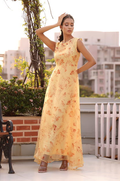 Elegant long dress with printed under dress and embroidered organza upper layer