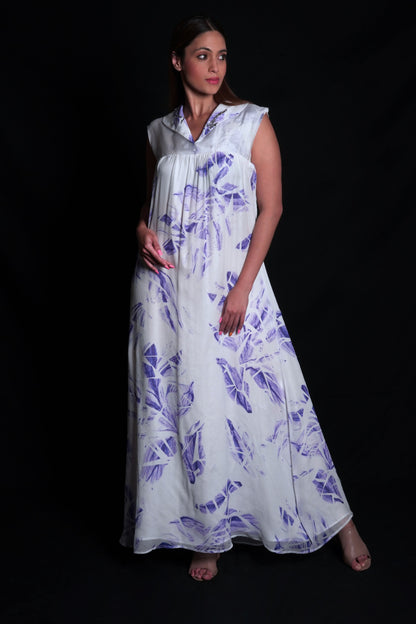 Lunar rock long dress with broken flower prints and embroidery on collars