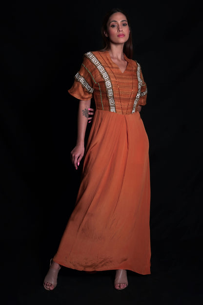 Sundial long dress with geometric embroidery on tussar silk