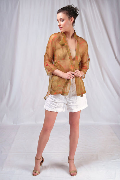 Printed drop-shoulder sheer overshirt with embroidery highlights