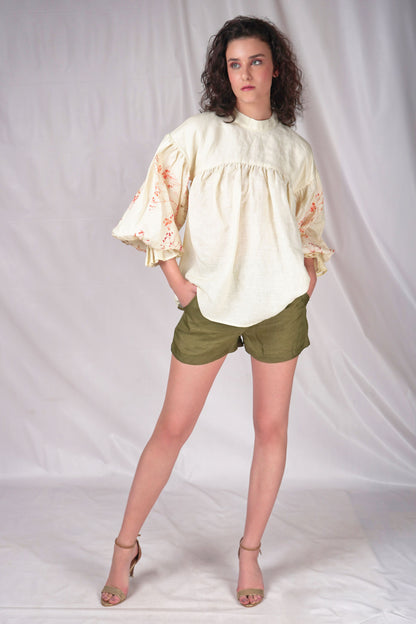 Gathered yoke top with printed puff sleeves