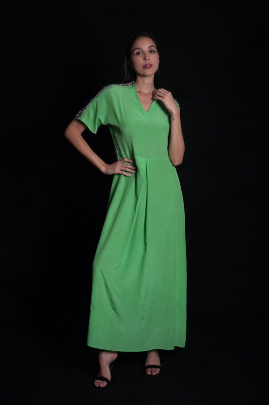 Absinthe green long dress with geometric embroidery on the shoulder