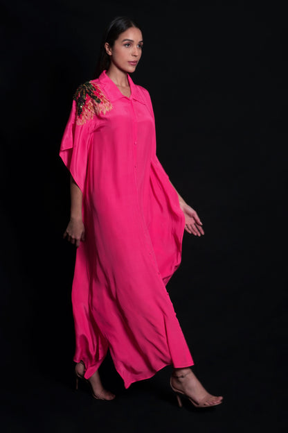 Tea rose kaftaan with organza applique hand-embroidery on sleeves