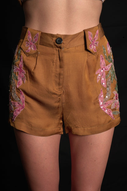 Golden brown shorts featuring tulle applique embroidery