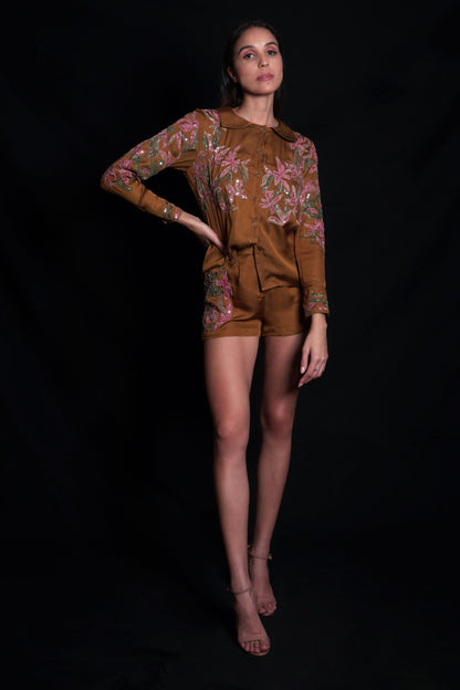 Golden brown top featuring tulle applique embroidery