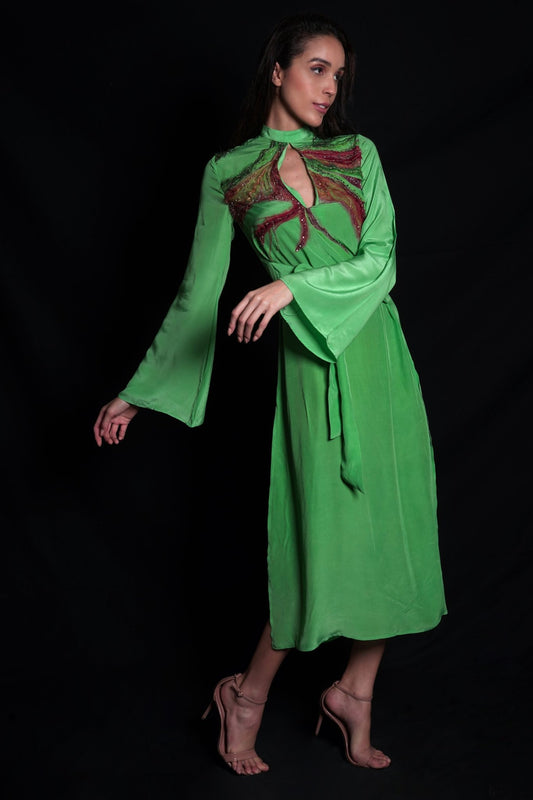 Absinthe green printed dress featuring a high slit and embroidery highlights