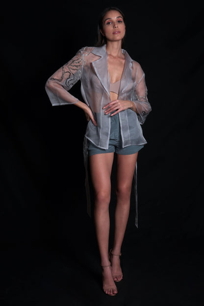 Lunar rock organza jacket featuring a jewel line embroidery