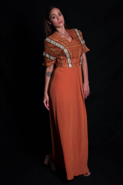 Sundial long dress with geometric embroidery on tussar silk