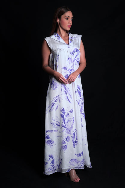 Lunar rock long dress with broken flower prints and embroidery on collars