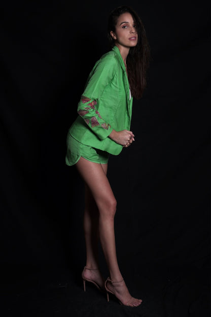 Absinthe green embroidered blazer with hand-embroidered applique