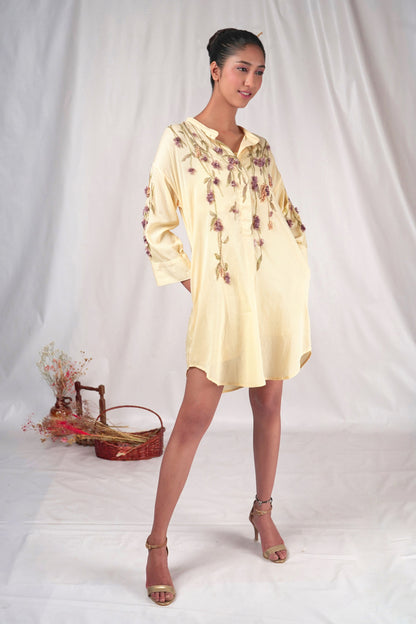 Tent fitted half button casual dress with turn-up sleeve and hand embroidery designs