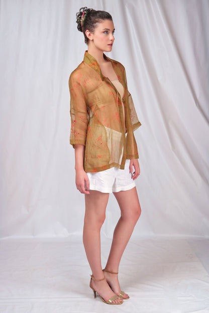 Printed drop-shoulder sheer overshirt with embroidery highlights