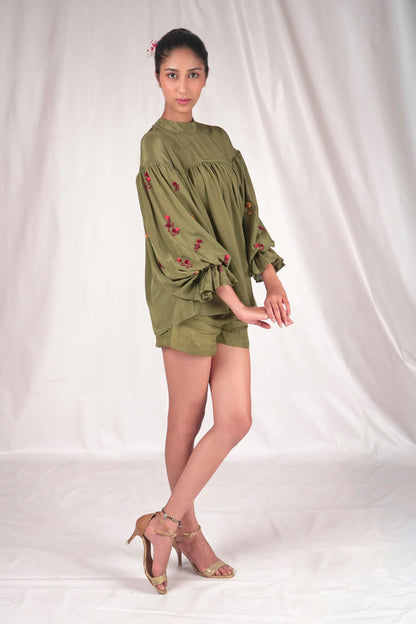 Gathered yoke top with embroidered puff sleeves