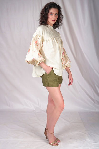 Gathered yoke top with printed puff sleeves