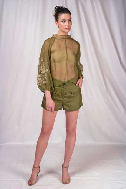 Aloe green mid-thigh length shorts