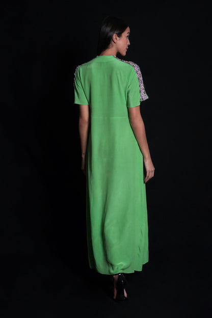 Absinthe green long dress with geometric embroidery on the shoulder