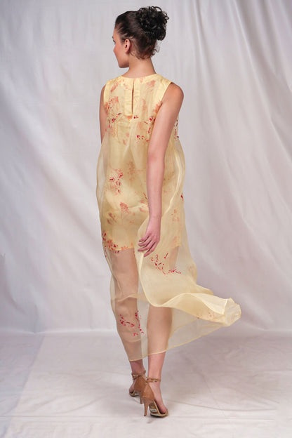 Printed mid thigh length dress with embroidered ankle length organza over layer