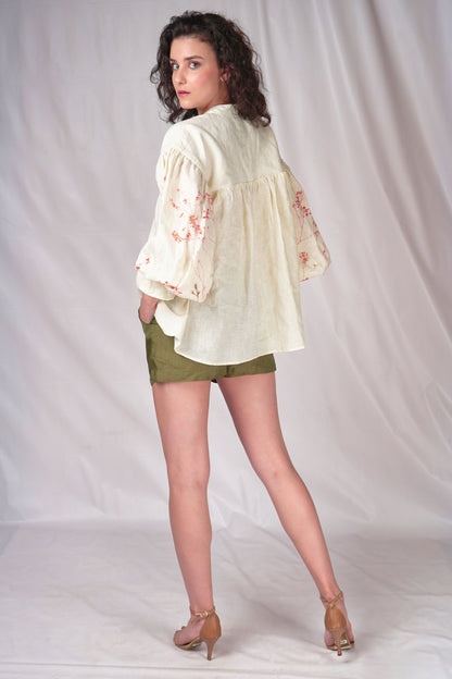 Gathered yoke top with printed puff sleeves