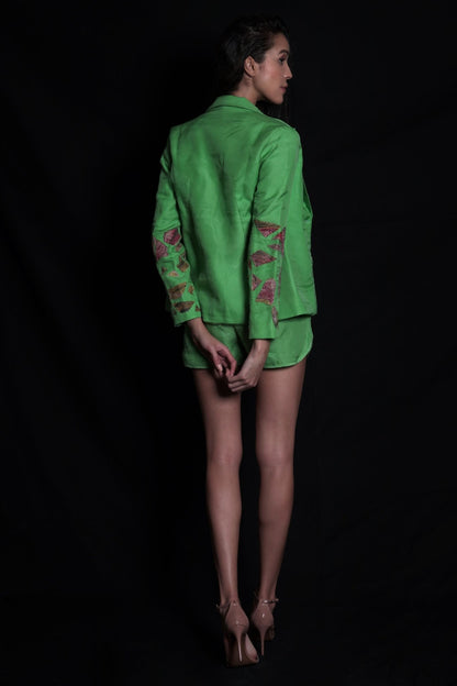 Absinthe green embroidered blazer with hand-embroidered applique