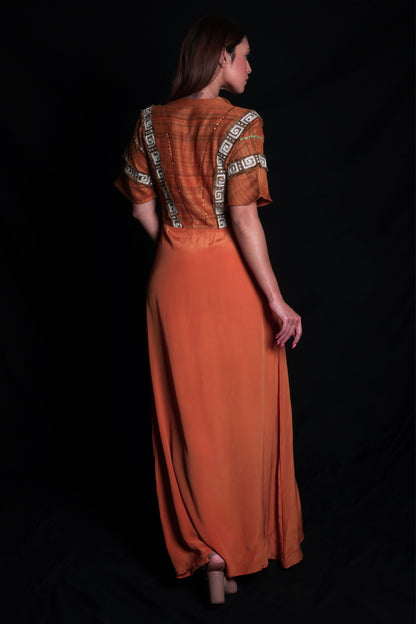 Sundial long dress with geometric embroidery on tussar silk