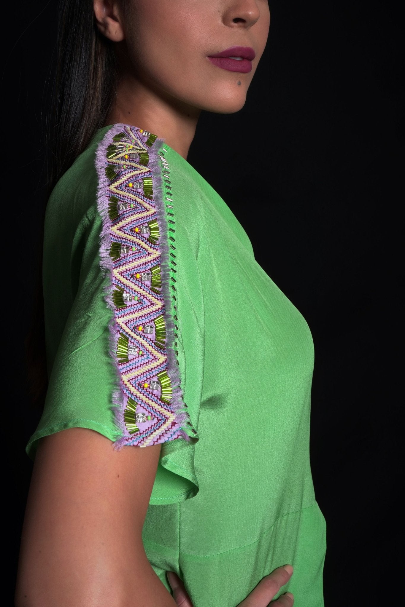 Absinthe green long dress with geometric embroidery on the shoulder