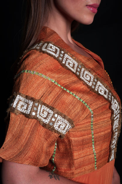 Sundial long dress with geometric embroidery on tussar silk