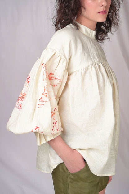 Gathered yoke top with printed puff sleeves