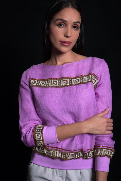 Purple rose top with geometric embroidery on handcrafted linen