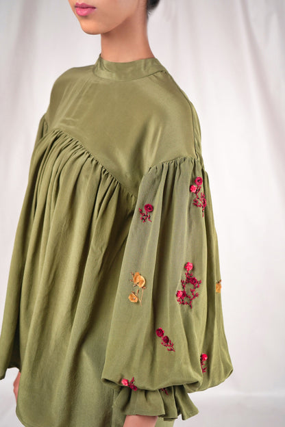 Gathered yoke top with embroidered puff sleeves