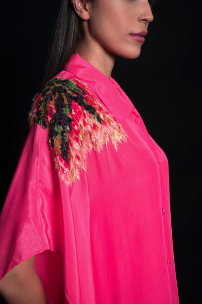 Tea rose kaftaan with organza applique hand-embroidery on sleeves