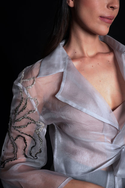 Lunar rock organza jacket featuring a jewel line embroidery